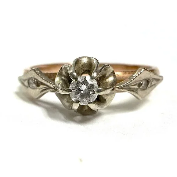 Vintage Russian USSR Solid 14K 585 Rose Pink White Gold Diamond Buttercup Ring
